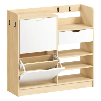 HOMCOM Schuhschrank Schmal mit 2 Klappen, 1 Schubladen, Schuhkipper, Schuhregal mit offenen Fäch